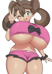 Rule 34 | 1girl, breasts, brown hair, creatures (company), curvy, game freak, gigantic breasts, green eyes, highres, huge breasts, jaga334, long hair, looking at viewer, nintendo, one eye closed, pokemon, pokemon xy, shauna (pokemon), simple background, smile, solo, thick thighs, thighs, underboob, white background