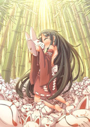 Rule 34 | 1girl, backless outfit, bamboo, bamboo forest, bare back, bare shoulders, barefoot, black hair, blush, detached sleeves, closed eyes, forest, fox mask, gunjima souichirou, gunjimakoubou, highres, japanese clothes, kiss, kneeling, long hair, mask, nature, object kiss, original, otacool, solo, sunlight, tears, very long hair