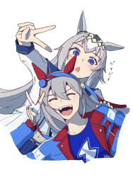 2girls :d :o ^_^ animal_ears behind_another blue_eyes blue_jacket blue_shirt blush closed_eyes commentary_request ear_covers fingerless_gloves gloves grey_hair hand_on_another&#039;s_shoulder hand_up happy horse_ears horse_girl jacket long_hair long_sleeves multiple_girls oguri_cap_(umamusume) open_mouth shirt short_sleeves simple_background smile tamamo_cross_(umamusume) teeth tomaa umamusume umamusume:_cinderella_gray v v-shaped_eyebrows white_background white_gloves white_jacket