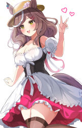 Rule 34 | 1girl, alternate costume, animal ears, breasts, brown hair, cleavage, commentary request, commission, hair between eyes, hair ornament, hairclip, hanamura pink, hat, highres, horse ears, horse girl, horse tail, looking at viewer, matikane tannhauser (umamusume), medium breasts, medium hair, open mouth, skeb commission, solo, tail, thighhighs, umamusume, v, white background, yellow eyes