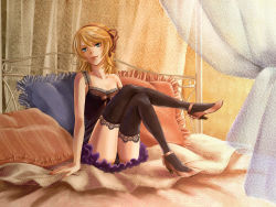 Rule 34 | 1girl, bed, blonde hair, blue eyes, crossed legs, frilled pillow, frills, hair ribbon, high heels, highres, kagamine rin, lace, lace-trimmed legwear, lace trim, nail polish, panties, pantyshot, pillow, print thighhighs, ribbon, shoes, short hair, sitting, skirt, solo, thighhighs, underwear, upskirt, vocaloid