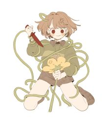 Rule 34 | 1other, anger vein, blush, brown hair, brown shorts, chara (undertale), closed mouth, flower, flowey (undertale), green sweater, heart, heart necklace, holding, holding flower, holding knife, jewelry, knife, medium hair, necklace, ojirand, shorts, simple background, smile, solo, striped clothes, striped sweater, sweater, undertale, white background, yellow flower