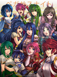 Rule 34 | 6+girls, :d, :p, ;d, ;o, ahoge, aiguillette, armor, armored dress, artist name, belt, belt buckle, blue dress, blue eyes, blue gloves, blue hair, blush, bracelet, braid, breastplate, breasts, brown eyes, brown hair, buckle, caeda (fire emblem), cape, catria (fire emblem), choker, cleavage, closed mouth, collarbone, dress, elbow gloves, erinys (fire emblem), est (fire emblem), eyebrows, feather hair ornament, feathers, fingerless gloves, fire emblem, fire emblem: genealogy of the holy war, fire emblem: mystery of the emblem, fire emblem: new mystery of the emblem, fire emblem: path of radiance, fire emblem: radiant dawn, fire emblem: shadow dragon, fire emblem: shadow dragon and the blade of light, fire emblem: the binding blade, fire emblem: the blazing blade, fire emblem: the sacred stones, fire emblem awakening, fire emblem fates, florina (fire emblem), flower, front braid, gloves, green eyes, green gloves, green hair, gzei, hair between eyes, hair ornament, hand on another&#039;s head, hand on own cheek, hand on own face, headband, highres, hinoka (fire emblem), holding hands, interlocked fingers, jewelry, leaning on person, long hair, looking at viewer, marcia (fire emblem), medium breasts, multiple girls, nintendo, one eye closed, open mouth, own hands clasped, own hands together, palla (fire emblem), partially fingerless gloves, pauldrons, pegasus knight uniform (fire emblem), pink hair, polearm, ponytail, purple hair, red eyes, red hair, round teeth, shanna (fire emblem), short hair, shoulder armor, shoulder pads, siblings, side braid, sidelocks, sisters, skirt, sleeves rolled up, smile, smirk, sumia (fire emblem), tana (fire emblem), teeth, tongue, tongue out, translated, twin braids, upper body, v, watermark, weapon, white gloves