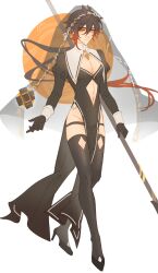 Rule 34 | 1boy, absurdres, alternate costume, bare pectorals, black thighhighs, earrings, genshin impact, high heels, highres, holding, holding weapon, jewelry, navel, nun, pectorals, ppttlyr, single earring, solo, thigh strap, thighhighs, thighs, veil, weapon, zhongli (genshin impact)