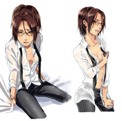 Rule 34 | 1girl, black pants, breasts, brown eyes, brown hair, cleavage, collarbone, dress shirt, glasses, hange zoe, highres, looking at viewer, midriff, navel, null (chronix), open clothes, open mouth, open shirt, pants, shingeki no kyojin, shirt, short hair, simple background, sitting, small breasts, solo, stomach, wet, wet clothes, wet hair, wet shirt, white background, white shirt