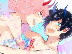 Rule 34 | 10s, 1boy, 1girl, black hair, blue eyes, blue horns, blush, breasts, commentary request, couple, darling in the franxx, green eyes, hetero, hiro (darling in the franxx), horns, long hair, looking at another, medium breasts, oni horns, open mouth, petals, pink hair, red horns, short hair, spoilers, temaroppu (ppp 10cc), topless male, wings, zero two (darling in the franxx)