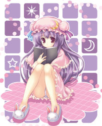 Rule 34 | 1girl, animal slippers, bad id, bad pixiv id, book, bunny slippers, crescent, crescent hat ornament, female focus, hat, hat ornament, katsu hisato, katsu kazuto, long hair, panties, pantyshot, patchouli knowledge, photoshop (medium), purple eyes, purple hair, sitting, slippers, solo, striped clothes, striped panties, touhou, underwear