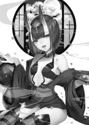 Rule 34 | 1girl, absurdres, alcohol, artist request, bare shoulders, blush, bob cut, breasts, collarbone, cup, eyeliner, fate/grand order, fate (series), gourd, greyscale, headpiece, highres, horns, long sleeves, looking at viewer, makeup, monochrome, obi, off shoulder, oni, open mouth, revealing clothes, sakazuki, sake, sash, short hair, shuten douji (fate), sitting, skin-covered horns, small breasts, smile, thighs, wide sleeves