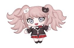 Rule 34 | :d, bear hair ornament, black footwear, black shirt, character doll, commentary request, danganronpa: trigger happy havoc, danganronpa (series), enoshima junko, grey background, hair ornament, jecheubo, long sleeves, looking at viewer, no humans, open mouth, pink eyes, pleated skirt, red skirt, shirt, simple background, skirt, smile, twintails