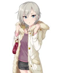 Rule 34 | 10s, 1girl, adjusting collar, anastasia (idolmaster), bag, blue eyes, coat, fur, fur collar, fur trim, highres, hood, hooded coat, idolmaster, idolmaster cinderella girls, jewelry, jpeg artifacts, looking at viewer, official art, pendant, short hair, silver hair, simple background, solo, white background, winter clothes