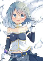 Rule 34 | 1girl, absurdres, bare shoulders, belt, blue eyes, blue gloves, blue hair, blue sky, blush, cape, commentary request, elbow gloves, facing viewer, frills, gloves, hachusan111, hand up, highres, magical girl, mahou shoujo madoka magica, mahou shoujo madoka magica (anime), miki sayaka, open mouth, short hair, simple background, sky, smile, solo, teeth, upper body, upper teeth only, water drop, white background, white cape, white gloves