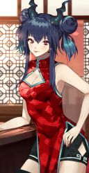 Rule 34 | 1girl, absurdres, arknights, bare arms, bare shoulders, blue hair, breasts, ch&#039;en (ageless afterglow) (arknights), ch&#039;en (arknights), china dress, chinese clothes, cleavage, cleavage cutout, clothing cutout, commentary, cowboy shot, double bun, dragon horns, dress, hair between eyes, hair bun, hand on own hip, highres, horns, indoors, long hair, looking at viewer, medium breasts, moko (moko/moko), nail polish, official alternate costume, pelvic curtain, red dress, red eyes, red lips, red nails, sidelocks, sleeveless, sleeveless dress, smile, solo, standing