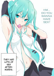 Rule 34 | 1girl, aqua eyes, aqua hair, arm up, armpits, asuta (ayustat0423), bare shoulders, blush, breasts, condom, condom in mouth, covered erect nipples, detached sleeves, hard-translated, hatsune miku, highres, long hair, looking at viewer, meme, mouth hold, navel, necktie, panties, sideboob, skirt, solo, striped clothes, striped panties, they had lots of sex afterwards (meme), third-party edit, twintails, underwear, very long hair, vocaloid