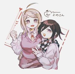 Rule 34 | 1boy, 1girl, :d, ahoge, akamatsu kaede, black hair, blonde hair, breasts, checkered clothes, checkered scarf, clenched hand, collared shirt, commentary, danganronpa (series), danganronpa v3: killing harmony, eighth note, fortissimo, grey background, grey jacket, hair ornament, hand up, heart, height difference, highres, hug, jacket, large breasts, long hair, long sleeves, looking at viewer, lower teeth only, musical note, musical note hair ornament, necktie, open mouth, orange neckwear, oma kokichi, pale skin, pink vest, purple eyes, rina (crystalrina), scarf, school uniform, shirt, smile, sweater vest, teeth, translation request, upper body, vest, white shirt