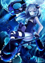 Rule 34 | 10s, 1girl, :q, abyssal ship, ahoge, air bubble, ankle boots, armpits, artist name, bare shoulders, black footwear, blonde hair, blue eyes, blue theme, boots, breasts, bubble, cannon, chain, coral, covered navel, crop top, crop top overhang, dark, dark persona, detached sleeves, eyebrows, floating hair, full body, glowing, glowing eyes, hair ornament, hairpin, horizontal-striped legwear, horns, kantai collection, koruta (nekoimo), lifebuoy, light, long hair, long sleeves, looking at viewer, one-piece swimsuit, outstretched arm, ro-500 (kancolle), rock, school swimsuit, shirt, signature, skin tight, solo, spread legs, striped clothes, striped thighhighs, swim ring, swimsuit, thighhighs, thighs, tongue, tongue out, torpedo, turret, turtleneck, underwater, water, water surface, white shirt