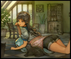 Rule 34 | 1girl, ass, bad id, bad pixiv id, brown eyes, brown hair, cabinet, cat, chair, dishes, green theme, indoors, long hair, looking at another, lying, on stomach, original, pillow, plant, potted plant, room, roomscape, shorts, solo, table, taiki (luster), tree, window