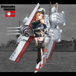 Rule 34 | 1girl, absurdres, anchor, belt, black thighhighs, blonde hair, blue eyes, bottomless, buckle, buttons, cannon, character name, closed mouth, clothing cutout, cross, double-breasted, flag, full body, gloves, gneisenau, gneisenau (warship girls r), gun, hair over shoulder, handgun, hat, highres, insignia, iron cross, jacket, long hair, looking at viewer, low-tied long hair, luger p08, machinery, medal, military, military hat, military jacket, military uniform, military vehicle, mole, mole under mouth, multicolored clothes, multicolored gloves, nazi flag, nazi war ensign, no pants, official art, peaked cap, photo background, rail (silverbow), rudder footwear, scabbard, sheath, ship, shoes, shoulder cutout, single thighhigh, smile, solo, standing, text focus, thigh cutout, thigh strap, thighhighs, turret, uniform, warship girls r, watercraft, weapon, white belt, white footwear