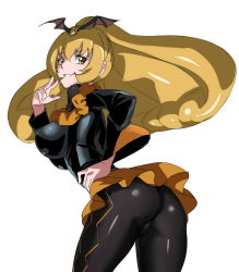 Rule 34 | 10s, 1girl, ass, bad end peace, bad end precure, black bodysuit, blonde hair, bodysuit, breasts, cowboy shot, dark persona, from behind, grin, hand on own hip, highres, large breasts, leaning forward, long hair, looking at viewer, looking back, makacoon, precure, skin tight, skirt, smile, smile precure!, smirk, solo, upskirt, v, white background, white theme, yellow eyes