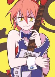 1girl absurdres alternate_costume animal_ears bare_shoulders blue_bow blue_bowtie bow bowtie closed_mouth earrings fake_animal_ears flcl guitar haruhara_haruko highres holding holding_guitar holding_instrument instrument jeff_miga jewelry leotard looking_at_viewer pink_hair playboy_bunny rabbit_ears red_leotard short_hair smile solo upper_body wrist_cuffs yellow_eyes