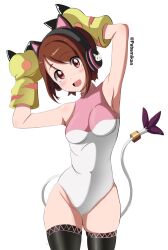 Rule 34 | 1girl, animal ear headphones, animal ears, armpits, arms up, black thighhighs, blush, breasts, brown hair, cat ear headphones, cat ears, cat gloves, cat tail, crotch, digimon, digimon adventure, digimon adventure 02, fake animal ears, fake tail, gloves, headphones, leotard, looking at viewer, nails visible through gloves, one-piece swimsuit, open mouth, pabsmikan, paw gloves, red eyes, short hair, simple background, small breasts, smile, solo, standing, swimsuit, tail, tailmon, thighhighs, white background, yagami hikari