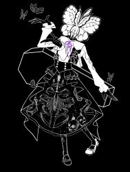 Rule 34 | black background, black bow, black butterfly, black skin, black skirt, bow, bug, butterfly, casket, colored skin, commentary, english commentary, extra arms, facing viewer, funeral of the dead butterflies, highres, insect, lobotomy corporation, long sleeves, project moon, shirt, shoes, simple background, skirt, skull, solo, spot color, standing, starlacyi, white shirt