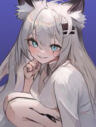 Rule 34 | 1girl, alternate costume, animal ear fluff, animal ears, aqa, arknights, blue eyes, breasts, cleavage, collared shirt, commentary request, feet out of frame, grey hair, grin, hair between eyes, hair ornament, hairclip, hand up, highres, lappland (arknights), long hair, looking at viewer, purple background, scar, scar across eye, shirt, simple background, smile, solo, squatting, very long hair, white shirt, wolf ears, wolf girl