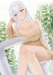Rule 34 | 1girl, absurdres, azur lane, bare shoulders, belfast (azur lane), belfast (shopping with the head maid) (azur lane), blue eyes, body blush, breasts, cleavage, commentary, crossed legs, english commentary, feet out of frame, highres, large breasts, long hair, long sleeves, looking at viewer, lordol, off-shoulder sweater, off shoulder, parted lips, purple eyes, sitting, smile, solo, sweater, table, thighs, white hair