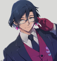 Rule 34 | 1boy, black hair, black jacket, black necktie, blouse, closed mouth, collared shirt, commentary request, constantine xi (fate), earrings, fate/grand order, fate (series), glasses, gloves, grey background, hair between eyes, highres, jacket, jewelry, light smile, long sleeves, looking away, male focus, medium hair, mito ryoi, necktie, red gloves, red vest, shirt, signature, simple background, solo, upper body, vest, white shirt, yellow eyes