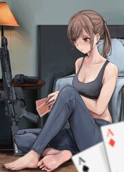 Rule 34 | 1girl, 1other, absurdres, ace (playing card), ace of clubs, ace of diamonds, assault rifle, barefoot, bed, blush, breasts, brown eyes, brown hair, card, cleavage, club (shape), denim, diamond (shape), gun, handgun, highres, holding, holding card, jeans, lamp, lithographica, medium breasts, original, pants, pillow, playing card, ponytail, rifle, sig p228/p229, sig sauer, sports bra, sweat, weapon