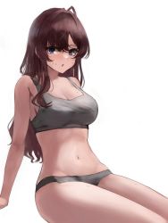 Rule 34 | 1girl, :o, absurdres, ahoge, arm support, bad id, bad twitter id, breasts, brown hair, cleavage, groin, highres, ichinose shiki, idolmaster, idolmaster cinderella girls, lamp p9, long hair, looking at viewer, medium breasts, navel, simple background, solo, steam, sweatdrop, very long hair, white background