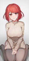 Rule 34 | 1girl, alternate costume, blush, breasts, casual, highres, inuisbink, large breasts, looking at viewer, pants, pyra (xenoblade), red eyes, red hair, short hair, smile, solo, sweater, turtleneck, turtleneck sweater, xenoblade chronicles (series), xenoblade chronicles 2