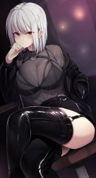Rule 34 | 1girl, black bra, black jacket, black skirt, blush, bra, bra visible through clothes, breasts, closed mouth, crossed legs, ddangbi, earrings, elbow rest, garter straps, hand in pocket, head rest, highres, hoop earrings, jacket, jewelry, large breasts, looking at viewer, o-ring, o-ring legwear, o-ring top, off shoulder, original, red eyes, see-through, see-through shirt, short hair, sitting, skirt, solo, stool, thighhighs, thighs, underwear, white hair