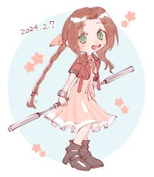 Rule 34 | 1girl, aerith gainsborough, bo staff, boots, bracelet, braid, braided ponytail, brown hair, choker, cropped jacket, dress, final fantasy, final fantasy vii, final fantasy vii remake, flower choker, green eyes, hair ribbon, jacket, jewelry, light blush, long dress, long hair, nitoya 00630a, open mouth, parted bangs, pink dress, pink ribbon, red jacket, ribbon, sidelocks, simple background, smile, solo, star (symbol)