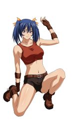 Rule 34 | 00s, 1girl, bashoku youjou, belt, blue hair, boots, curvy, female focus, fingerless gloves, gloves, hair ornament, highres, ikkitousen, kneeling, looking at viewer, midriff, navel, purple eyes, short twintails, shorts, simple background, smile, solo, twintails, white background
