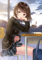Rule 34 | 1girl, arm support, blurry, brown eyes, brown hair, chair, classroom, clothes lift, depth of field, desk, from side, hanekoto, head rest, indoors, looking to the side, original, school, school desk, school uniform, short hair, sitting, skirt, skirt lift, solo, twitter username, window
