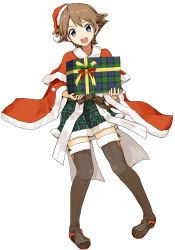 Rule 34 | 10s, 1girl, :d, alternate costume, bell, black thighhighs, blue eyes, blush, boots, box, brown hair, capelet, christmas, full body, fur trim, gift, gift box, hairband, hat, head tilt, hiei (kancolle), highres, holding, jingle bell, kanoe soushi, kantai collection, looking at viewer, open mouth, plaid, plaid skirt, pleated skirt, santa costume, santa hat, short hair, skirt, smile, solo, thigh boots, thighhighs, transparent background, wide sleeves