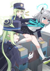 Rule 34 | 3girls, absurdres, animal ear fluff, animal ears, black footwear, black hat, black jacket, black skirt, blazer, blue archive, blue eyes, blue halo, blue scarf, breasts, closed mouth, emphasis lines, extra ears, fang, fare gate, gloves, golmonggu, green hair, green halo, grey hair, halo, hat, hikari (blue archive), nozomi (blue archive), highres, jacket, long hair, medium breasts, mismatched pupils, multiple girls, open clothes, open jacket, open mouth, peaked cap, pleated skirt, pointy ears, scarf, shiroko (blue archive), shirt, shoes, sidelocks, simple background, skin fang, skirt, twintails, white background, white gloves, white shirt, wolf ears, yellow eyes