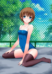 Rule 34 | 1girl, blue eyes, brown hair, chain-link fence, fence, highres, kaze makase, one-piece swimsuit, original, school swimsuit, short hair, sitting, solo, swimsuit, wariza