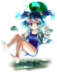 Rule 34 | 1girl, barefoot, bloom, blue eyes, blue hair, feet, female focus, fish, full body, hair bobbles, hair ornament, hat, unworn hat, unworn headwear, kannazuki hato, kawashiro nitori, matching hair/eyes, one-piece swimsuit, rock, school swimsuit, simple background, smile, soles, solo, swimsuit, swimsuit under clothes, toes, touhou, twintails, two side up