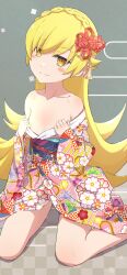 Rule 34 | 1girl, absurdres, alternate hairstyle, blonde hair, blush, breasts, camui1104, cleavage, collarbone, floral print, highres, japanese clothes, kimono, long sleeves, looking at viewer, monogatari (series), oshino shinobu, pointy ears, small breasts, solo, wide sleeves, yellow eyes, yukata