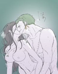 Rule 34 | 1boy, 1girl, artist request, ass, black eyes, black hair, blue eyes, blush, breasts, cum, ejaculation, green hair, hetero, highres, implied sex, large breasts, leg grab, long hair, looking at another, nico robin, nipples, nude, one piece, penis, pubic hair, room, roronoa zoro, short hair, text focus, thighs, uncensored, vaginal