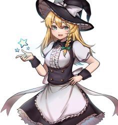 Rule 34 | :d, apron, black dress, blonde hair, blue eyes, bow, braid, breasts, buttons, collared dress, dress, frilled apron, frills, hair between eyes, hand on own hip, hat, hat bow, highres, index finger raised, kirisame marisa, long hair, looking at viewer, medium breasts, open mouth, puffy short sleeves, puffy sleeves, shirt, shishui guima, short sleeves, simple background, single braid, smile, star (symbol), touhou, white apron, white background, white bow, white shirt, witch hat, wrist cuffs