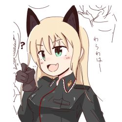 Rule 34 | 1girl, :d, ?, animal ears, aqua eyes, blonde hair, blush, cat ears, erua, fang, gloves, heinrike prinzessin zu sayn-wittgenstein, holding, holding own hair, honda takashi (enorea), long hair, military, military uniform, noble witches, open mouth, simple background, smile, solo, strike witches, translation request, uniform, white background, world witches series