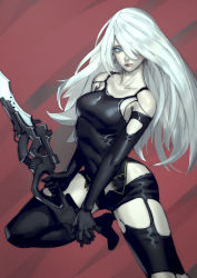 Rule 34 | 1girl, absurdres, android, armlet, bare shoulders, black gloves, black shorts, black tank top, blue eyes, boots, commentary request, elbow gloves, gloves, hair over one eye, high heel boots, high heels, highres, holding, holding weapon, joints, long hair, mole, mole under mouth, nier (series), nier:automata, pale skin, red background, robot joints, shorts, silver hair, tank top, thinker 0616, weapon, a2 (nier:automata)