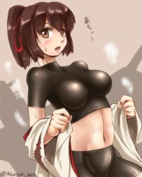 Rule 34 | 10s, 1girl, akatsuki akane, bike shorts, bodysuit, breasts, brown eyes, brown hair, clothes down, collarbone, hair ribbon, impossible clothes, ise (kancolle), japanese clothes, kantai collection, looking at viewer, midriff, nontraditional miko, open mouth, ponytail, ribbon, short hair, solo, steam, toned, undershirt