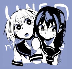 Rule 34 | 2girls, :o, black hair, blue theme, commentary request, monochrome, multiple girls, nervous, open mouth, school uniform, serafuku, short sleeves, short twintails, source request, sweat, twintails, upper body, white hair, yadoya