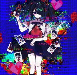 Rule 34 | 1girl, 4 (nn 1 zo), ame-chan (needy girl overdose), black hair, black ribbon, black skirt, blue background, blue eyes, cellphone, closed mouth, collared shirt, commentary request, cuts, feet out of frame, from above, glitch, hair ornament, hair over one eye, hand up, heart, highres, holding, holding phone, injury, long hair, looking at viewer, lying, neck ribbon, needy girl overdose, on back, phone, photo (object), polaroid, red nails, red shirt, ribbon, scar, scar on arm, self-harm, self-harm scar, shirt, skirt, smartphone, smile, solo, suspender skirt, suspenders, text background, twintails, wrist cutting, x hair ornament