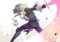 Rule 34 | 1boy, absurdres, ascot, ass, bae (baebae), belt, black jacket, black pants, blonde hair, colored eyelashes, floating hair, frilled sleeves, frills, gloves, half gloves, highres, holding, holding sword, holding weapon, jacket, lio fotia, male focus, motion blur, multiple belts, open mouth, pants, pink eyes, promare, short hair, sidelocks, signature, solo, standing, swinging, sword, thigh belt, thigh strap, trap, weapon, white ascot, white background, white belt