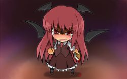 Rule 34 | 1girl, [], angry, bat wings, blood, blush, book, chibi, commentary, fang, female focus, head wings, koakuma, long hair, red eyes, red hair, solo, tears, embodiment of scarlet devil, touhou, wings, yandere