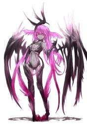 Rule 34 | 1girl, armor, bad id, bad pixiv id, bare shoulders, black skin, breasts, claws, cleavage, cleavage cutout, clothing cutout, colored skin, elbow gloves, ganesagi, gloves, hair ornament, head wings, highres, lilith (ganesagi), lilith (shirogane usagi), lilith (shiroganeusagi), long hair, medium breasts, midriff, original, pink eyes, pink hair, shadow, simple background, solo, thighhighs, very long hair, wings